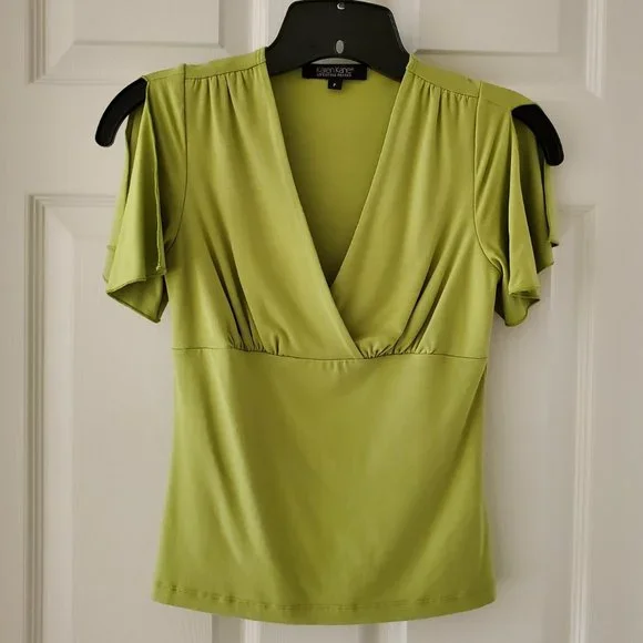 Karen Kane Slit Short Sleeve Ruched V-neck Top | Like New | XSP | Chartreuse - Picture 2 of 10